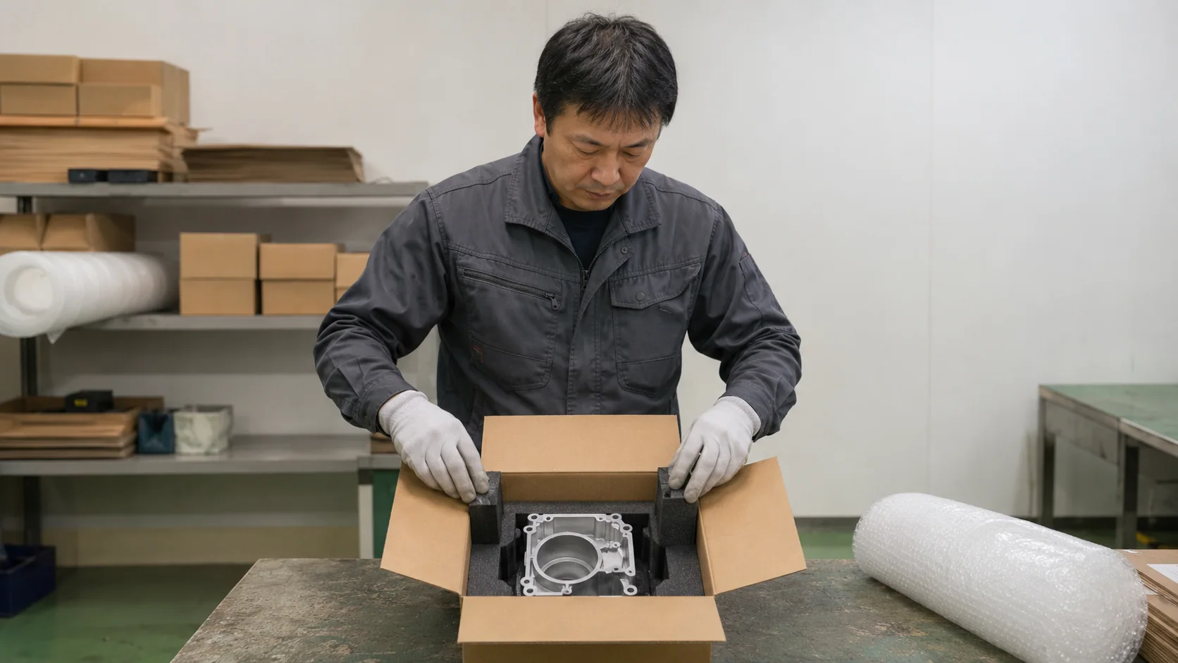 緩衝材を使って精密加工部品を梱包する作業者
