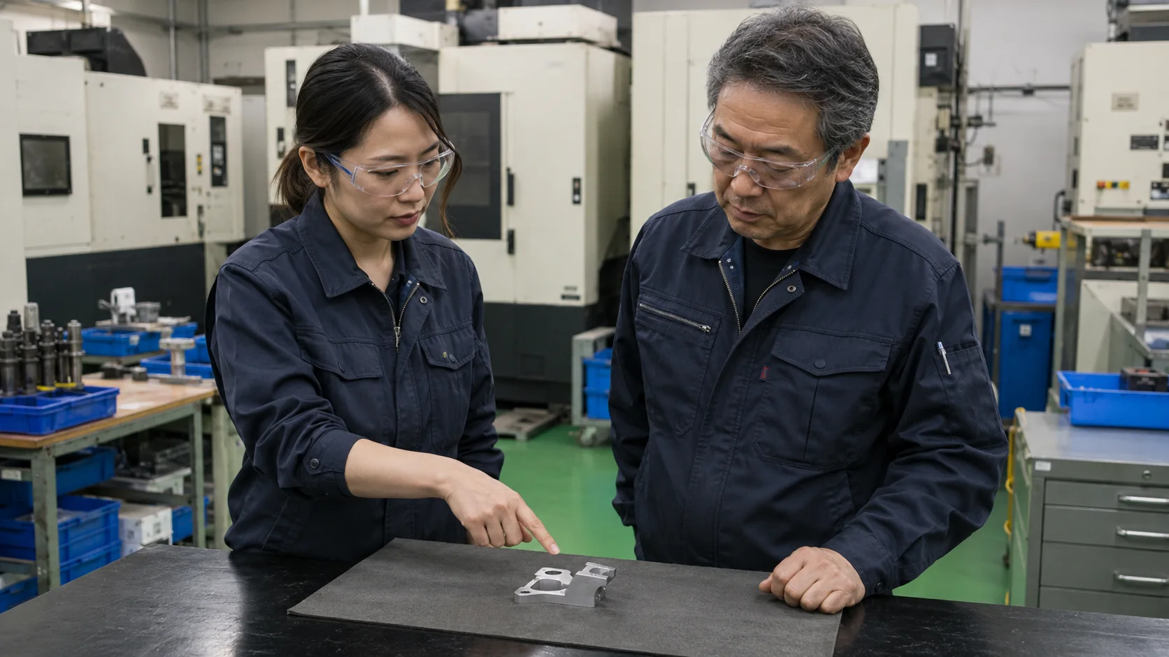 加工設備が並ぶ工場で精密部品を確認する二人の技術者