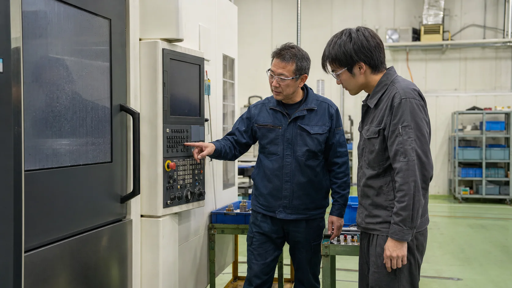 加工設備の操作方法を確認する二人の技術者