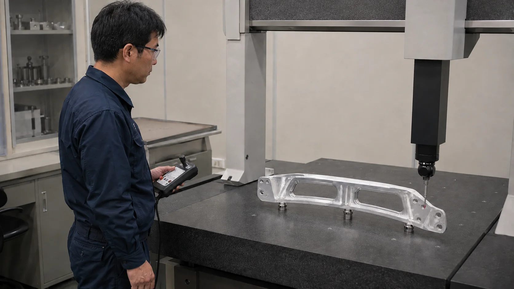 測定器を使い加工物の寸法を確認する作業イメージ